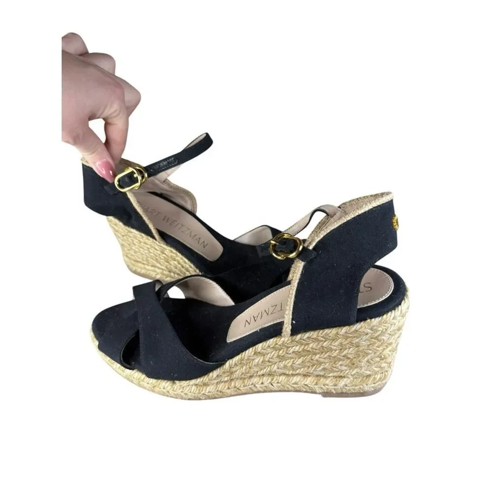 Stuart Weitzman Mirela Espadrille Wedge Sandals Black Natural 9B - Picture 4 of 11